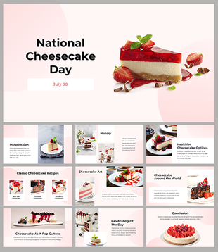Slide deck featuring images of different cheesecake recipes, history, and celebration details, in pink backgrounds.
