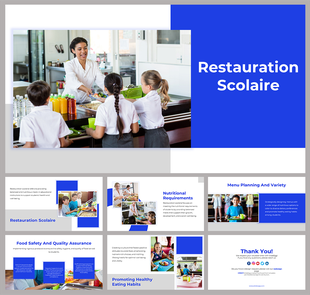 Restauration slide deck with blue theme, featuring images of children and a nutritionist in a school cafeteria setting.