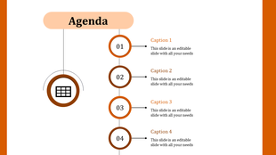 Agenda slide with orange circles, numbering from 01 to 04, connected vertically, and an icon above the list.