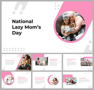National Lazy Mom's day slides featuring a mother and daughter relaxing together, with many topics on a pink and white theme.