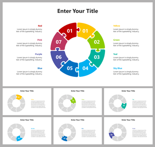 Circular seven-piece puzzle diagram with numbered sections in a gradient of colors from red to sky blue.
