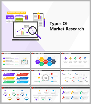 Market research slides include topics like primary research, secondary research, and qualitative and quantitative approaches.