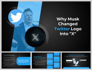 Slide pack showing the transition from Twitter’s logo to X, with Elon Musk visuals, on blue and dark backgrop.