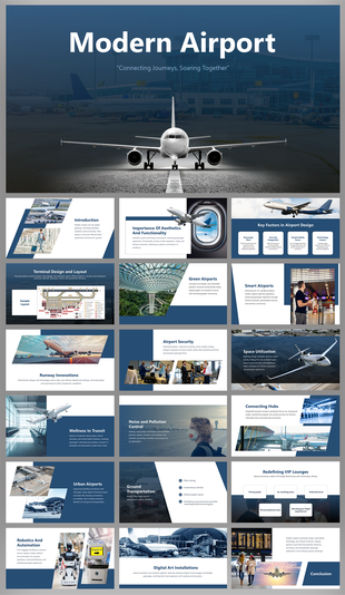 Slides showcasing airport infrastructure with blue and white backgrounds, focusing on design, security, and sustainability.