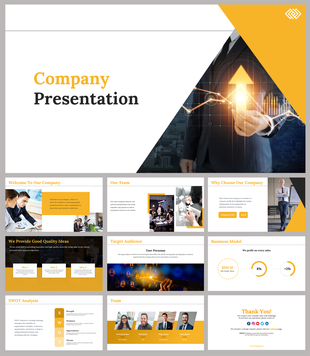 Corporate slide deck showcasing team profiles, SWOT analysis, and business model with yellow accents.