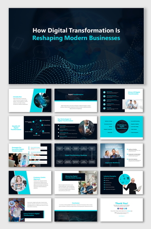 Digital transformation slide deck showcasing strategies, challenges, and impact on modern businesses in blue theme.