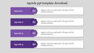 Agenda template showing four horizontal rows with numbered hexagon icons and titles, followed by text in a clean layout.