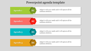 Slide with four colored sections containing a numbered hexagon and space for text on a light gray background.