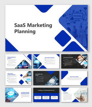 Saas slide deck with blue and white design, featuring understanding audiences, web design, and content marketing.