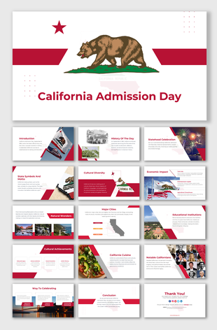 A pack of California Admission day slides covers various related topics with images and text descriptions.