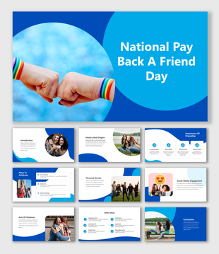 Slide deck emphasizing friendship appreciation with sections on celebration ideas and kindness acts in a blue backdrop.