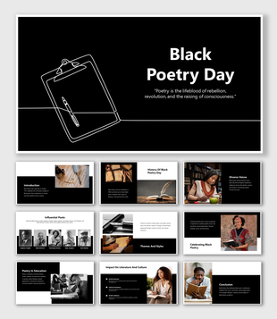 Minimalist design celebrating black poetry day slide deck with a pen and clipboard outline illustration.