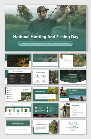 Slide pack with green accents, featuring visuals of outdoor activities, covering hunting traditions and fishing practices, 