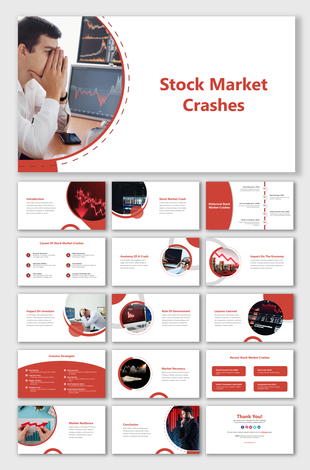 Red and white slide deck on stock market crashes, with circular images and sections on causes, impact, and recovery.