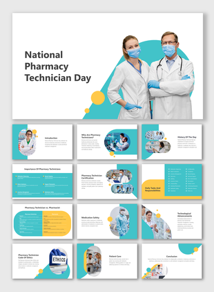 Slide pack with blue accents, featuring pharmacy technicians in lab settings, discussing their importance and ethics.