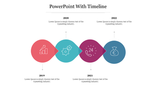 Timeline PPT template showing key milestones from 2019 to 2022 with relevant icons for each year with placeholder text.