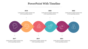 Timeline design with overlapping shapes in purple, orange, red, blue, pink and teal, each depicting icons and years.