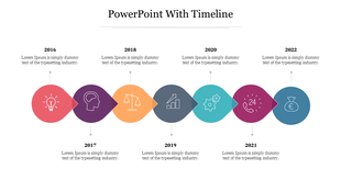 A timeline PPT slide showing the years from 2016 to 2022 with colorful icons representing different milestones.