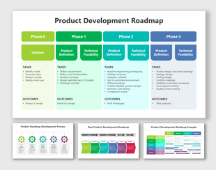 A product development roadmap PPT slides outlining four phases with colorful layout designs and icons.