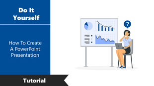 Slide shows a woman sitting at a desk with a laptop, thinking while looking at a presentation on a screen with charts.