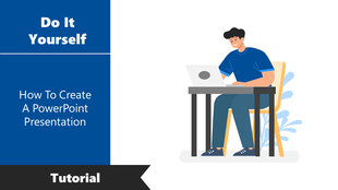 Blue and white slide featuring a man working on a laptop, with a tutorial banner to show how to make a presentation.