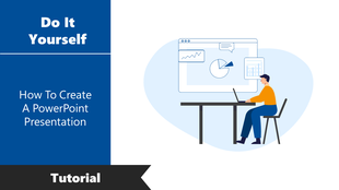 Tutorial slide for how to do a presentation with a blue design theme and a person working on data visualization on a screen.