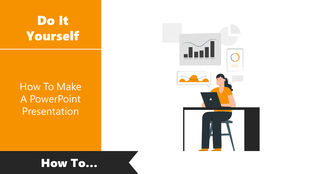 Orange and white theme with a woman working on a laptop to show how to make a presentation, surrounded by elements.