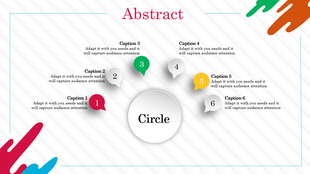 Abstract slide featuring a circular central element with six colored numbered captions arranged around it.