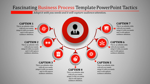 Business process flow with a central red circle for the user, leading to seven red circles for process steps with icons.