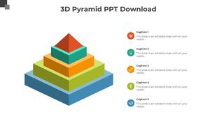 3D pyramid PowerPoint template with five colorful layers labeled with captions on the right side.