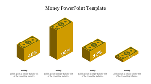 A PowerPoint template featuring 3D dollar bill blocks representing different percentages with placeholder text.