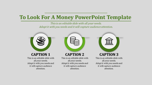 Infographic featuring three circular icons with green outlines and money related symbols, arranged horizontally.