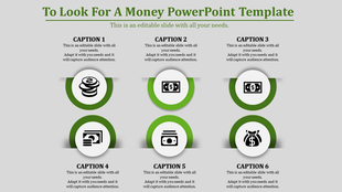 Six circular icons with money symbols in green borders, arranged in two rows with captions, on a light gray background.