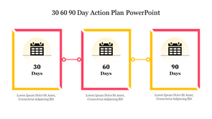 A 30 60 90 day action plan PowerPoint template showing steps for each milestone period with placeholder text.