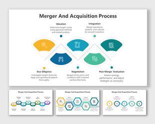 A pack of slides illustrating the steps in the Merger and Acquisition process with different colorful layout designs and icons.