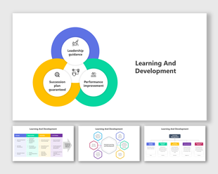 Learning and development diagram PPT slides in different colorful layout designs with icons on a white backdrop.