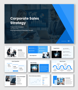 Corporate Sales Presentation PPT with blue theme, business meeting image, charts, icons, and clean text layout design.