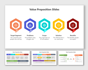 Value proposition slide deck highlighting target segment, problems, scope, solution, and benefits with hexagonal icons.
