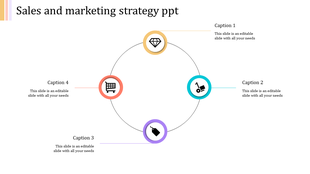Circular diagram with four colored icons in yellow, teal, purple, and orange, representing elements of marketing strategy.
