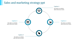 Blue themed infographic featuring four circular icons in a looped layout, representing elements of sales and marketing.