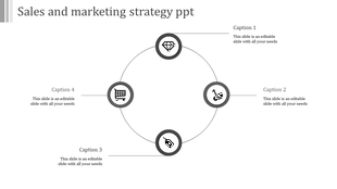 Gray circular infographic with four icons in a circular flow connected to captions for sales and marketing strategy.