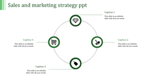 Slide with four green icons in a circular pattern connected by lines, showcasing sales and marketing symbols.