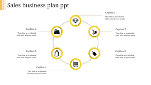 Sales planning infographic with an eight-icon yellow circular flow, each aspects of sales, connected to labeled captions.