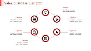 Sales business plan PPT slide with red caption sections and icons for business activities like shopping carts and price tags.