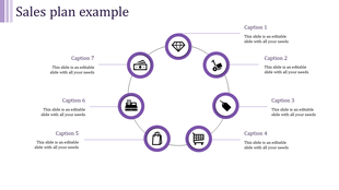 Purple-themed sales infographic with eight labeled icons in a circular arrangement, symbolizing different aspects.