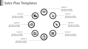 Eight gray circular icons linked in a ring, showing sales visuals with captions placed evenly around the circle.