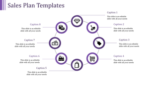Sales plan PowerPoint template with eight sections and corresponding purple icons for business elements.