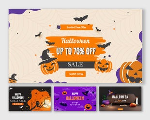 Halloween sale banner PPT slides with pumpkins, bats, and a witch, offering up to 70 off with a shop now call to action.