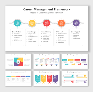 Career management slide deck process infographic with icons and descriptions for each phase placed in a white background.
