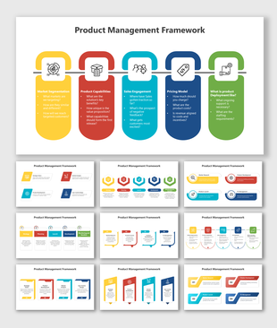 Series of slides displaying product management frameworks, each using vibrant shapes, icons, and steps in a structured flow.